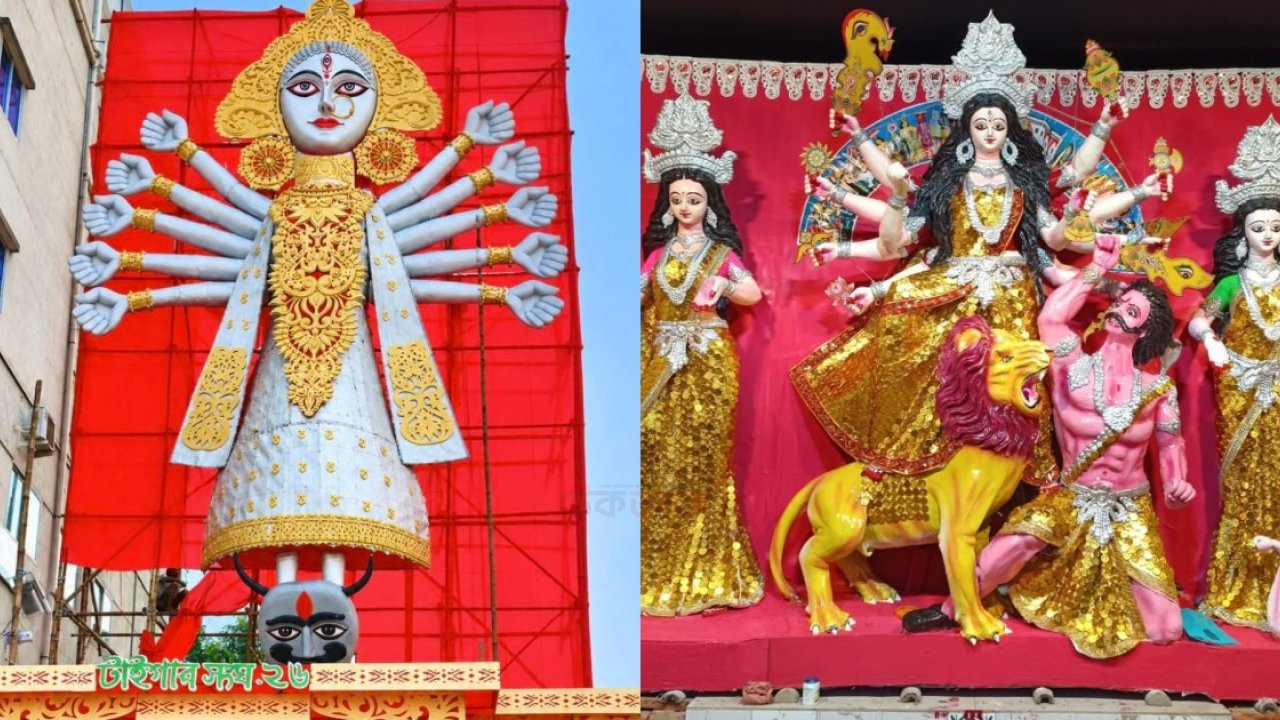রাজশাহীতে ৪৫ ফুট ও কয়েন চকলেটের দুর্গাপ্রতিমা